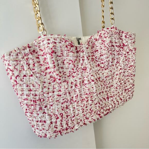 NEW Alice + Olivia Cristi Chain Tweed Crop Top Bustier Pink White US 14 $295 - Picture 8 of 12